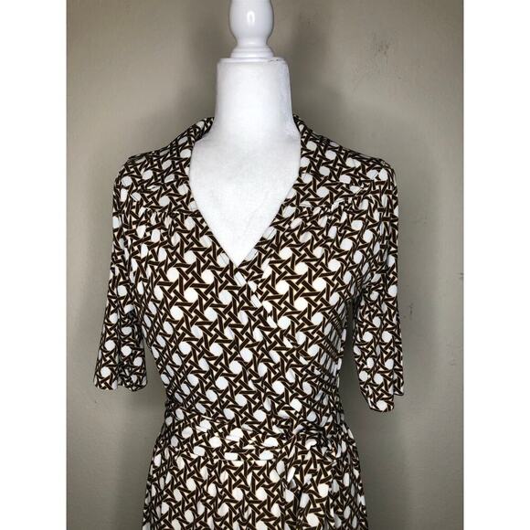 Talbots Faux Wrap Dress in Brown and White Weave Print Retro US 4 - Picture 15 of 16